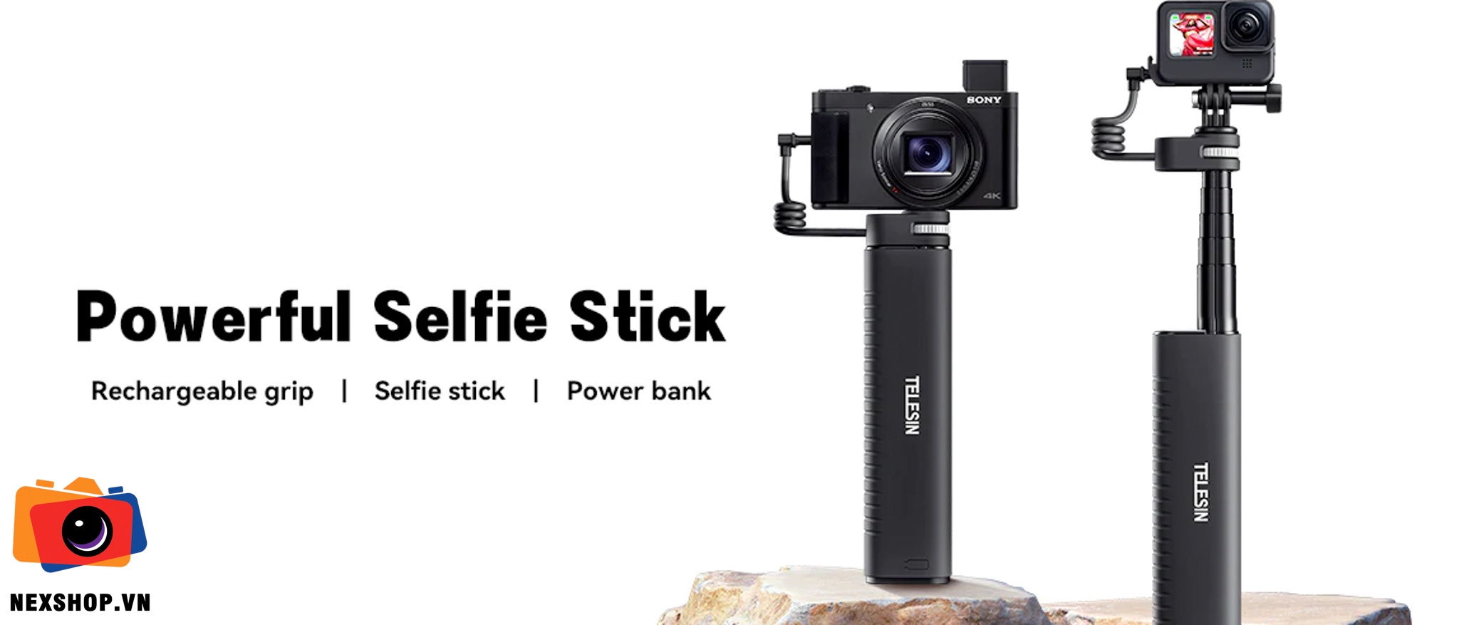 Gậy cầm tay kiêm sạc Telesin cho Gopro/Action/Điện thoại dung lượng 10.000mAh | Hàng nhập khẩu