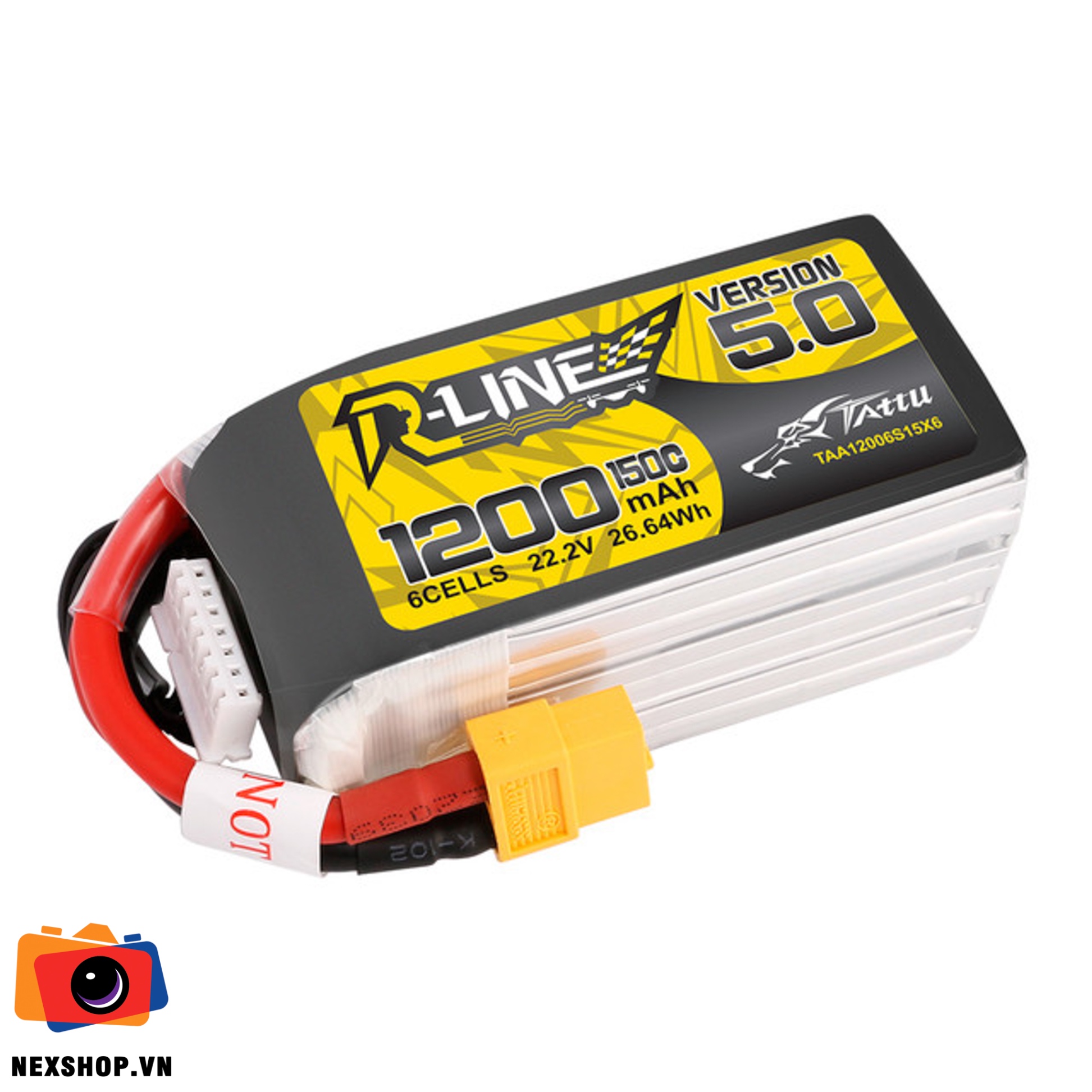 Tattu R-Line Version 5.0 1200mAh 22.2V 150C 6S1P Lipo Battery Pac - mặt sau và phụ kiện đi kèm