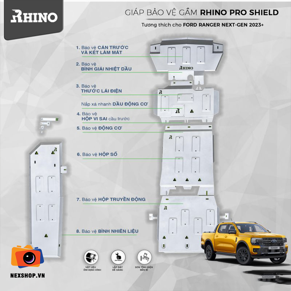 Bộ giáp bảo vệ gầm bằng nhôm Rhino Pro Shield cho Ford Ranger 202 - khả năng kết nối thiết bị