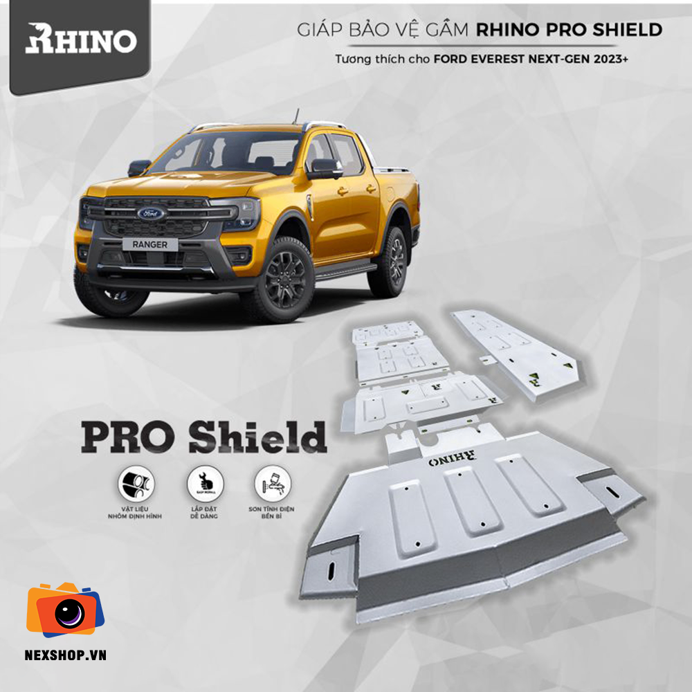 Bộ giáp bảo vệ gầm bằng nhôm Rhino Pro Shield cho Ford Ranger 202 - cấu hình hộp sạc