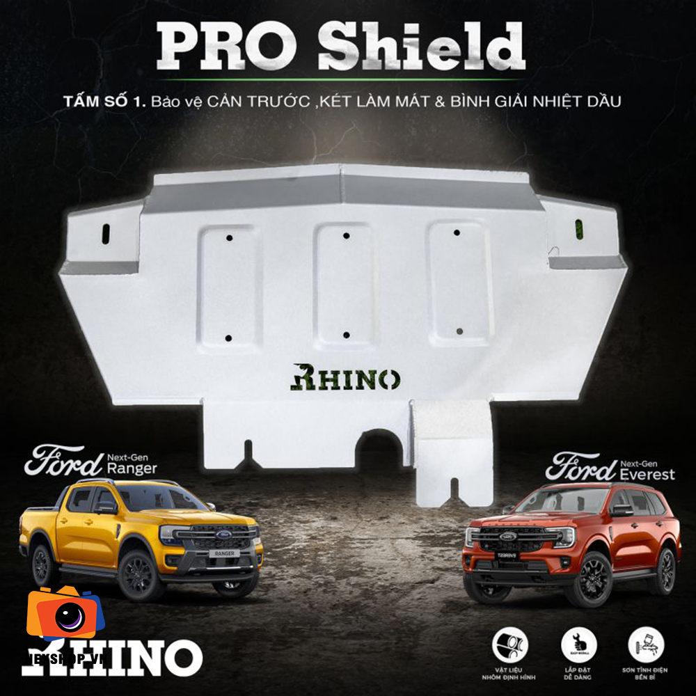 Bộ giáp bảo vệ gầm bằng nhôm Rhino Pro Shield cho Ford Ranger 202 - mặt sau và phụ kiện đi kèm