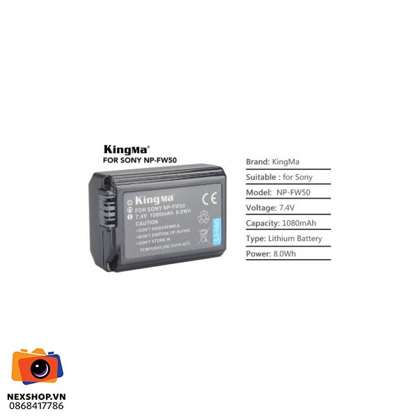 Bộ pin sạc Kingma NP-FW50 | 2 pin, 1 cốc sạc | Chính hãng - mặt sau và phụ kiện đi kèm