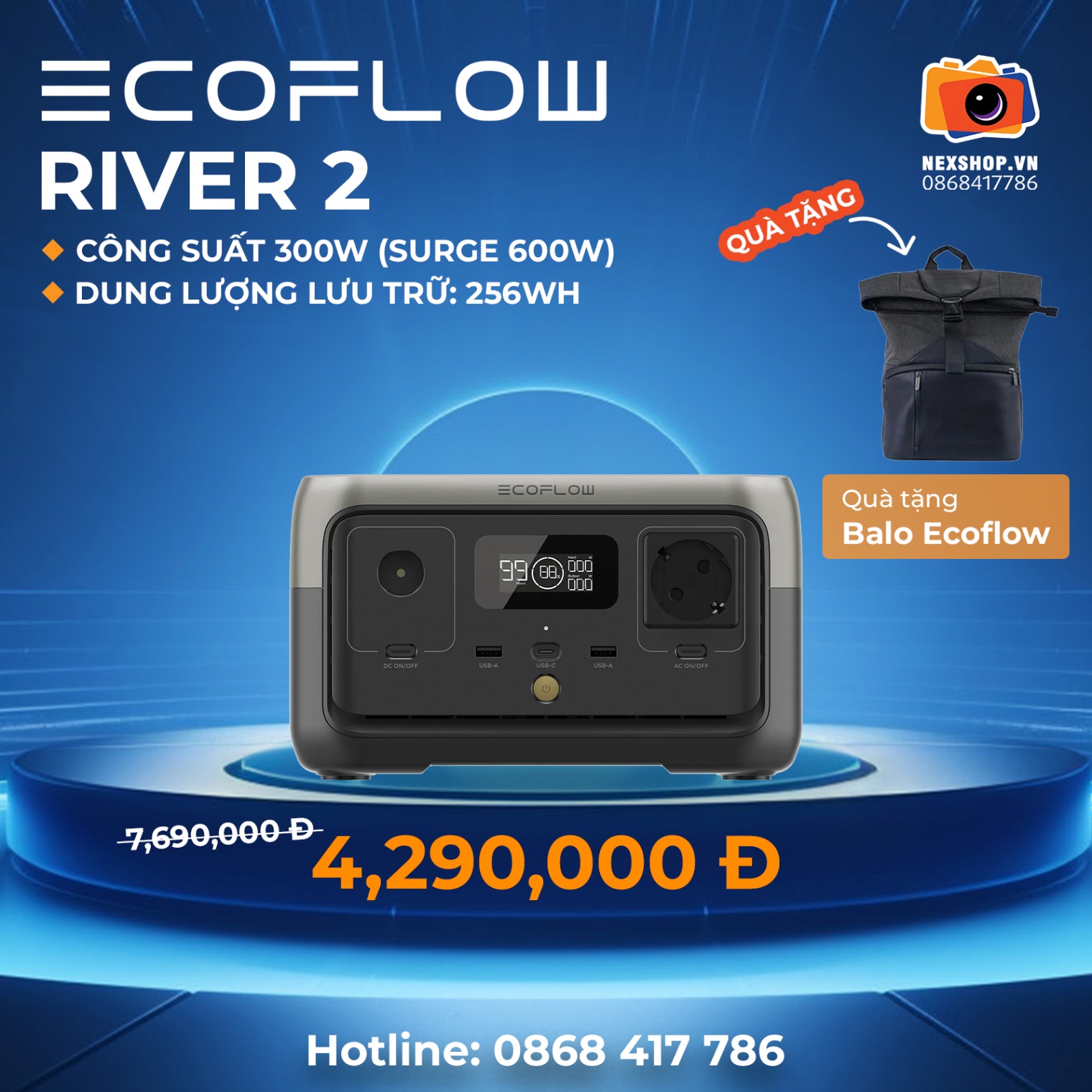 Trạm điện di động EcoFlow RIVER 2 256Wh | Hàng chính hãng