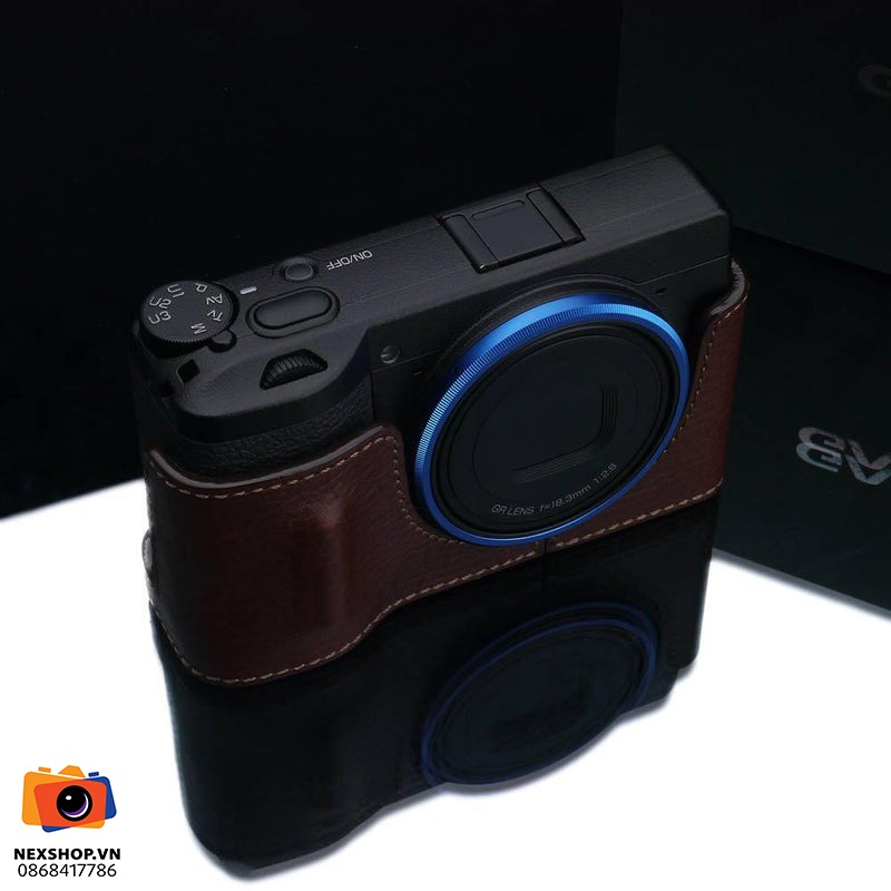 Bao da cho Ricoh GR III | Màu nâu | Chính hãng - mặt sau và phụ kiện đi kèm