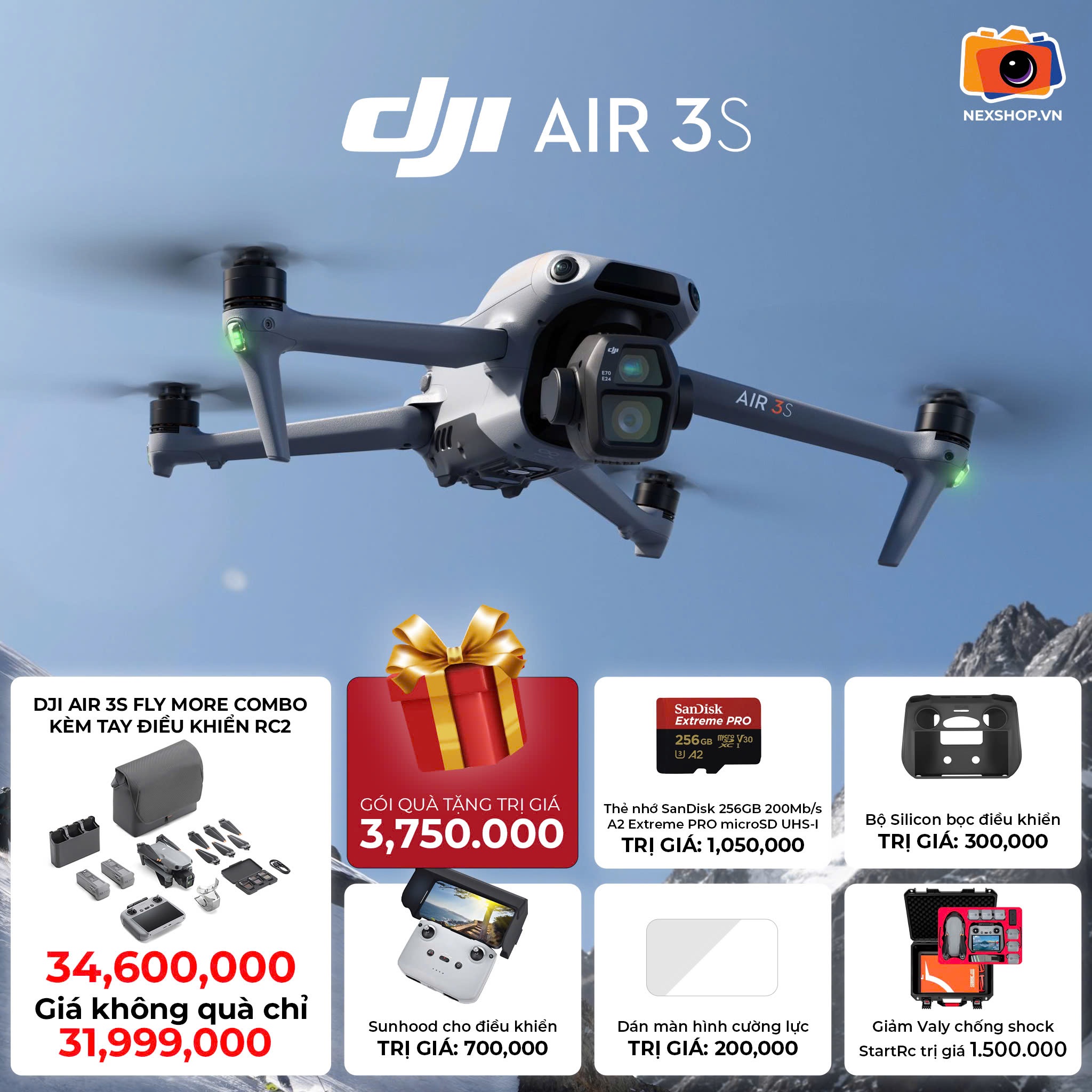 DJI Air 3S bản Fly more combo kèm RC2 Chính hãng