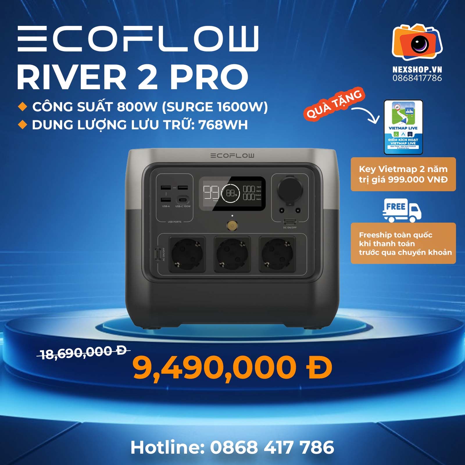 Trạm điện di động EcoFlow RIVER 2 Pro 768Wh | Hàng chính hãng