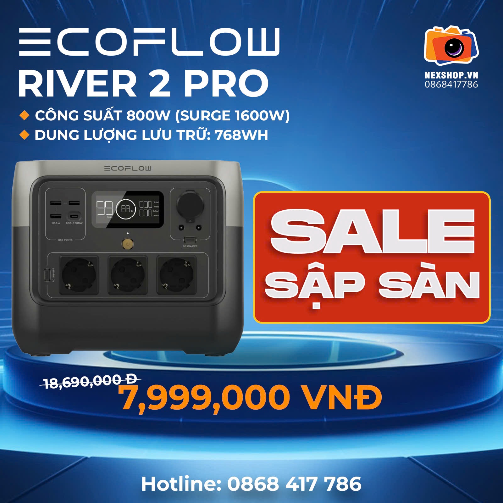 Trạm điện di động EcoFlow RIVER 2 Pro 768Wh | Hàng chính hãng