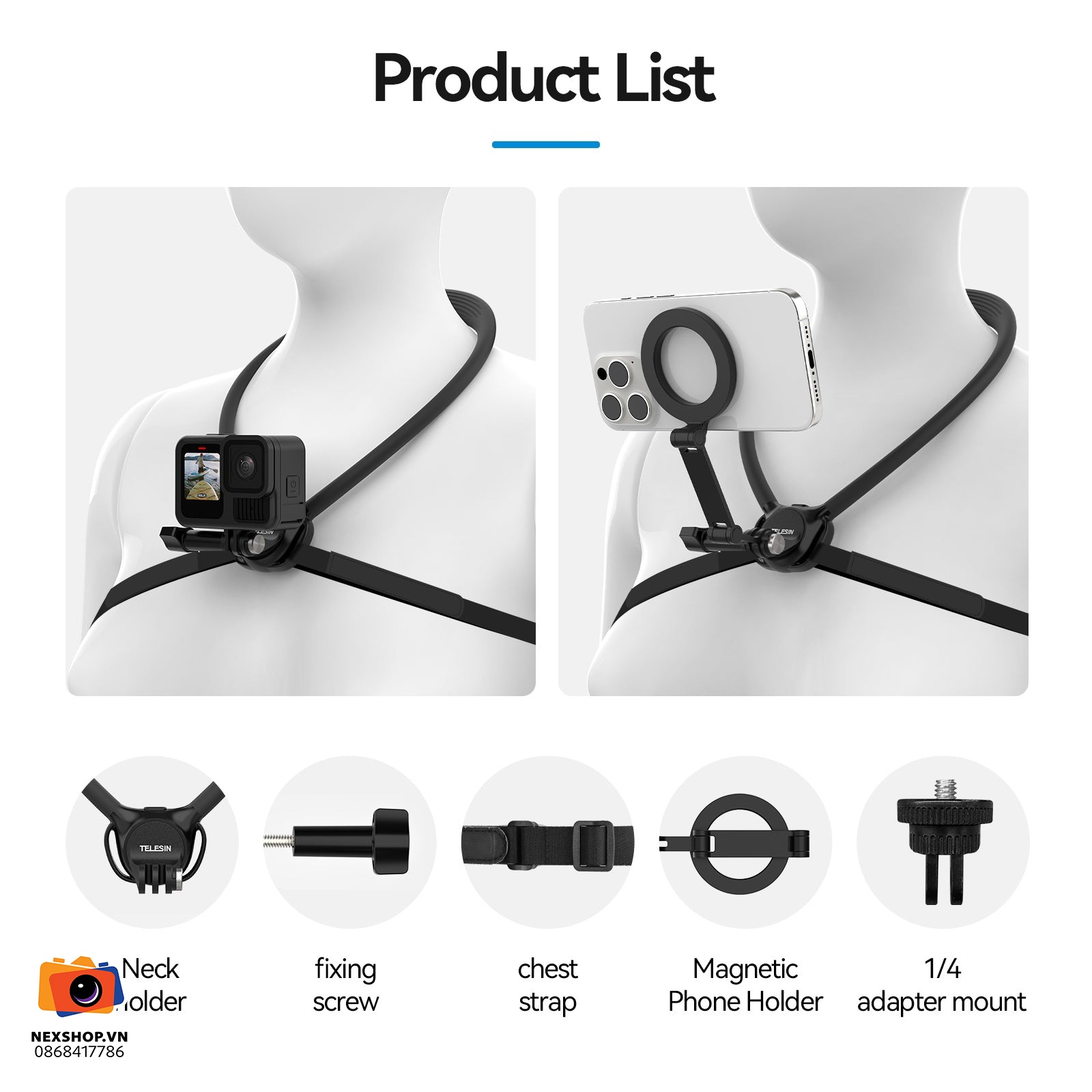 Dây đeo cổ TELESIN Action Camera/phone Neck Holder SE 2.0 | Chính - mặt sau và phụ kiện đi kèm