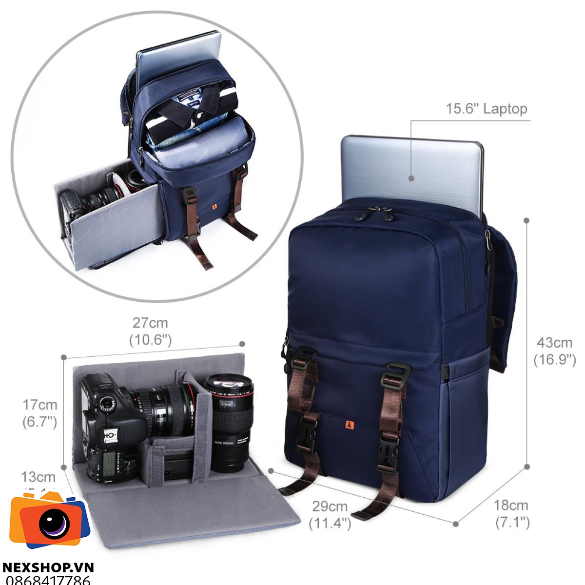 Ba lô máy ảnh KNF Concept 20L chống nước | Dark Blue | Chính hãng - mặt sau và phụ kiện đi kèm