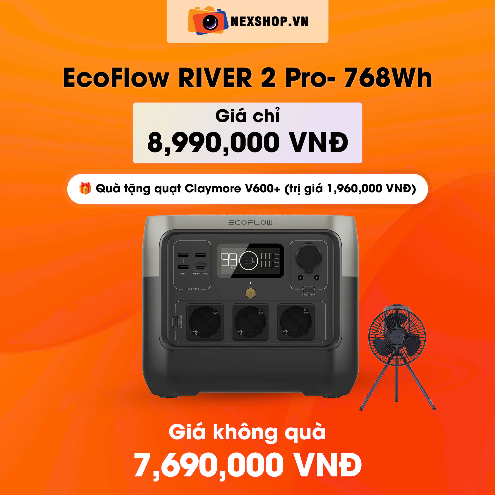 Trạm điện di động EcoFlow RIVER 2 Pro 768Wh | Hàng chính hãng