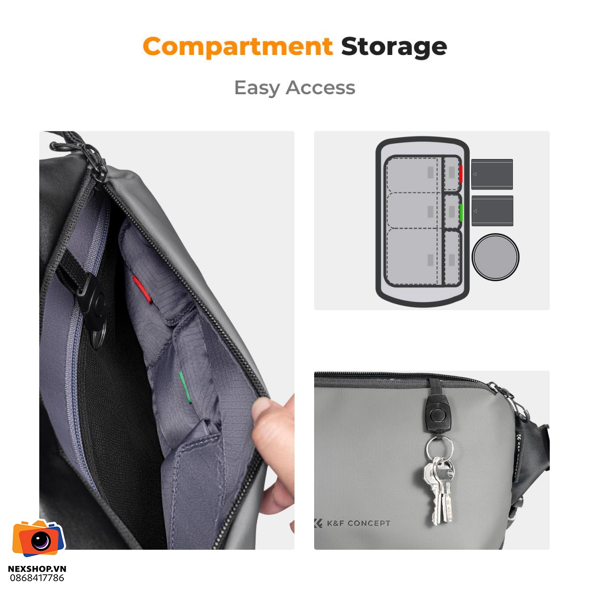 Túi đeo chéo KNF Concept Sling Bag 10L | Grey | Chính hãng - mặt sau và phụ kiện đi kèm
