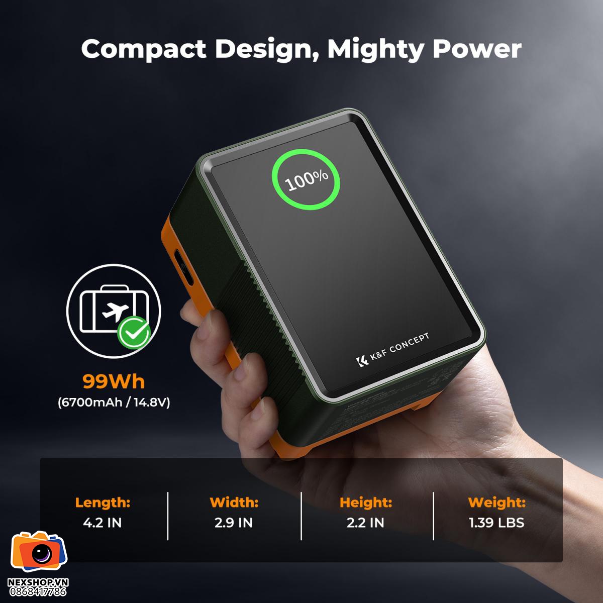 Pin KNF Concept V-Mount 99Wh 14,8V 6700mAh | Chính hãng - mặt sau và phụ kiện đi kèm