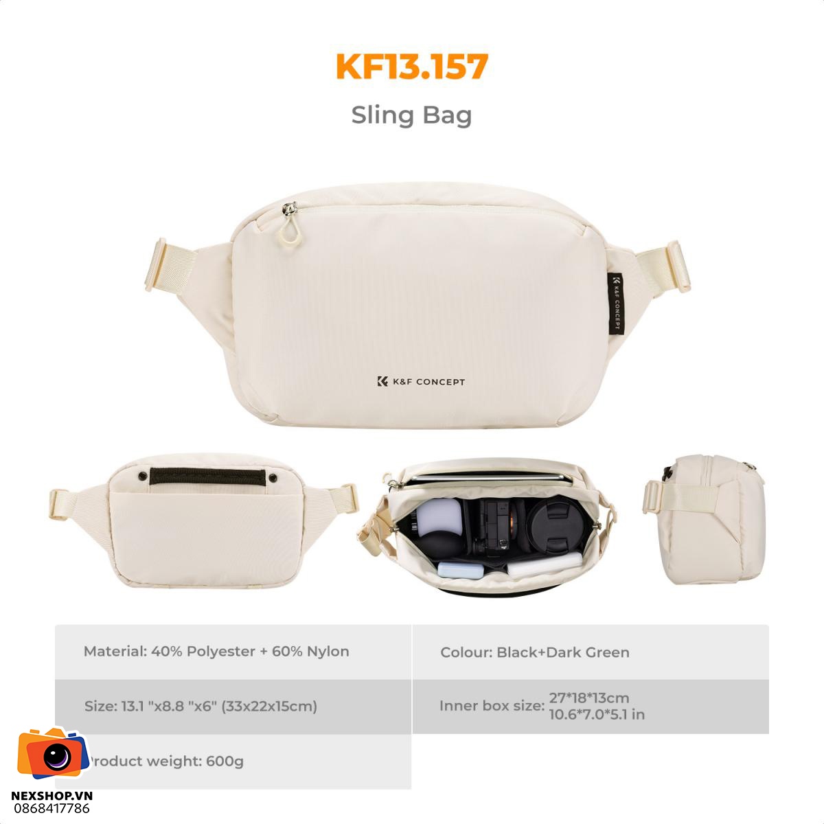 Túi đeo chéo KNF Concept Sling Bag 10L | Beige | Chính hãng - cấu hình hộp sạc