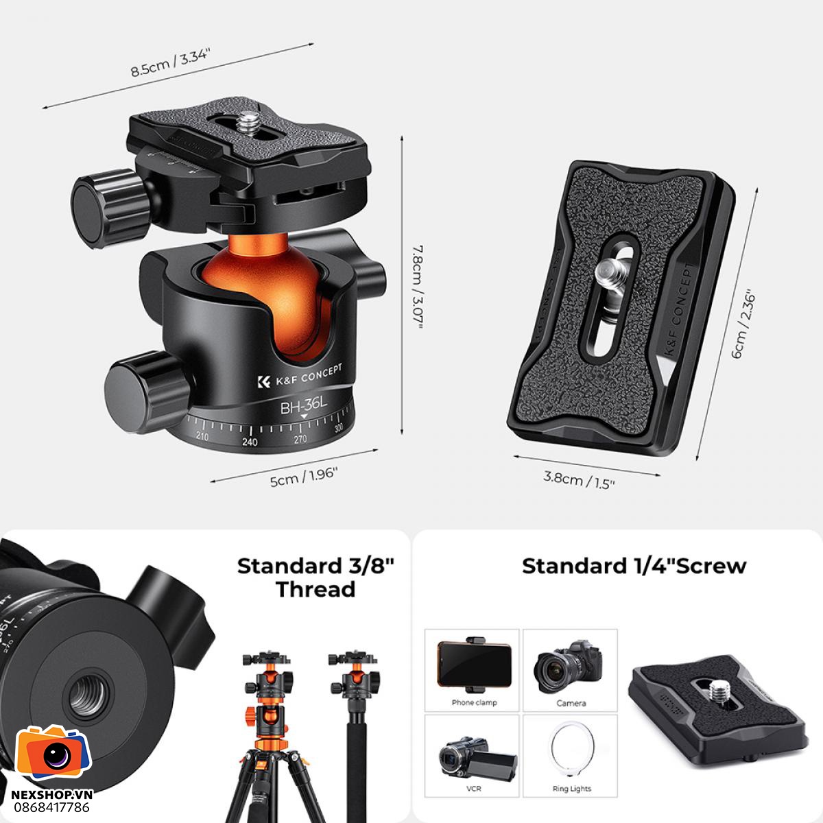 KNF Concept Ball Head BH-36 | Đa năng, chính xác | Chính hãng - mặt sau và phụ kiện đi kèm