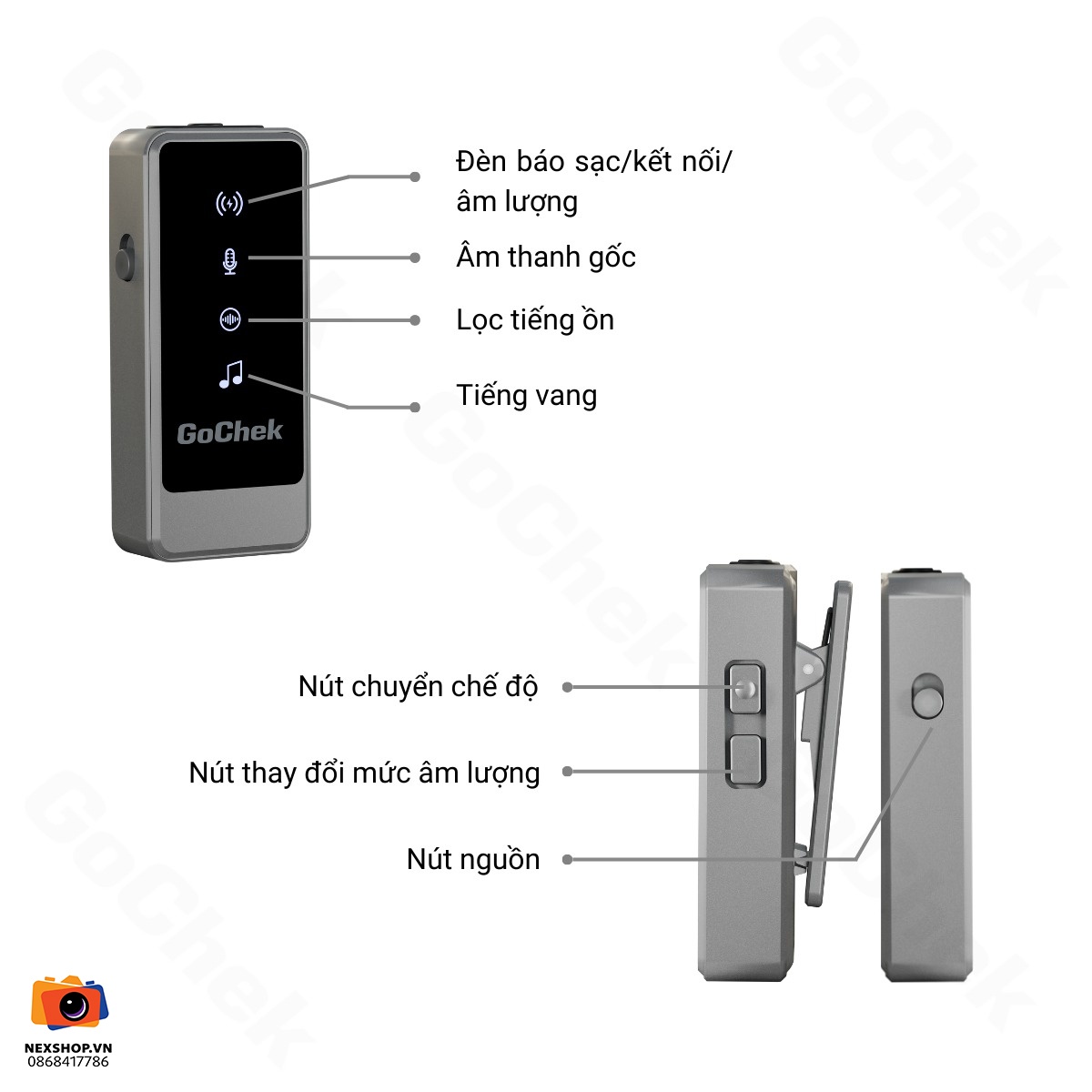 Micro thu âm không dây GoChek Ultra S24 | 2TX + 1RX + Hộp sạc | C - mặt sau và phụ kiện đi kèm