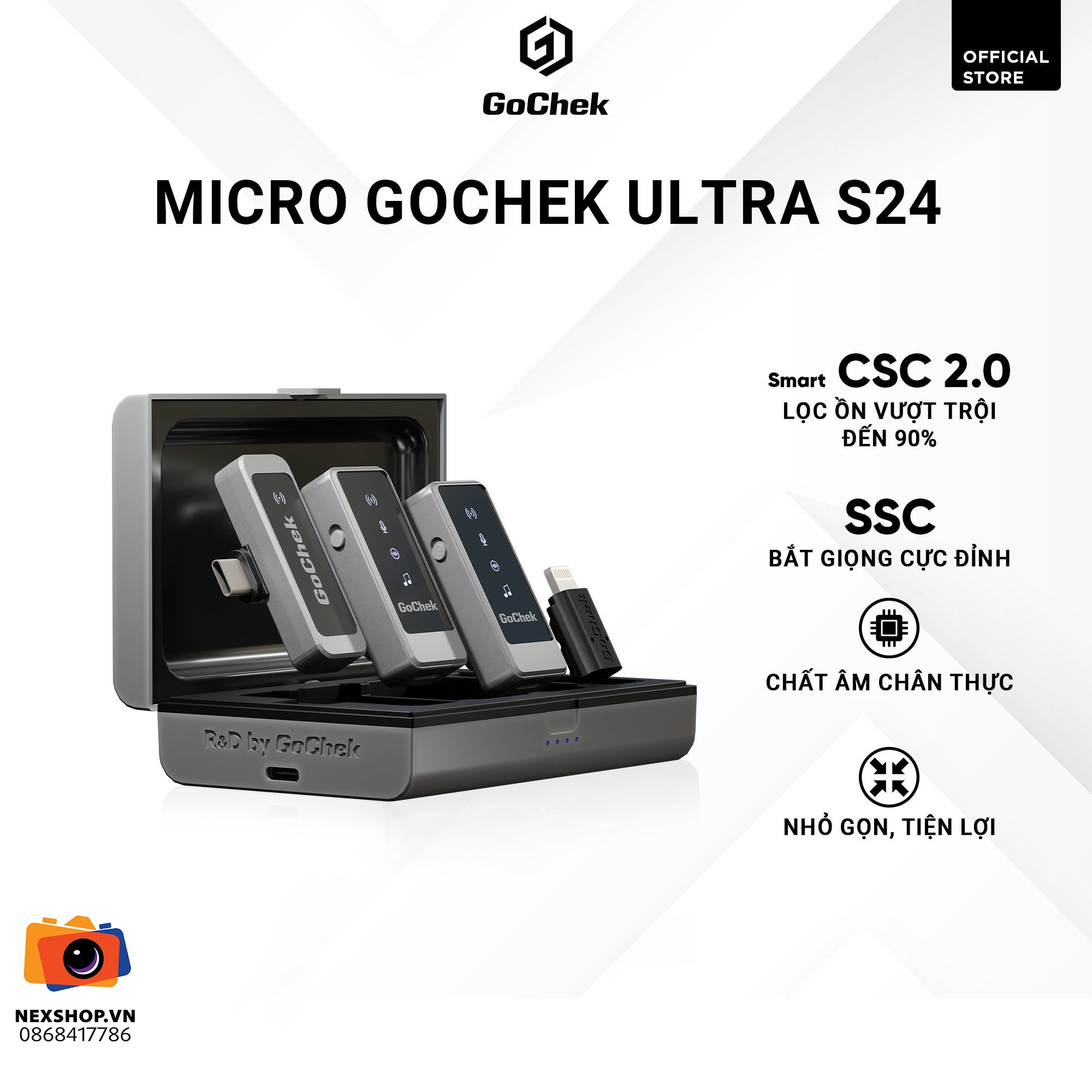 Micro thu âm không dây GoChek Ultra S24 | 2TX + 1RX + Hộp sạc | Chính hãng