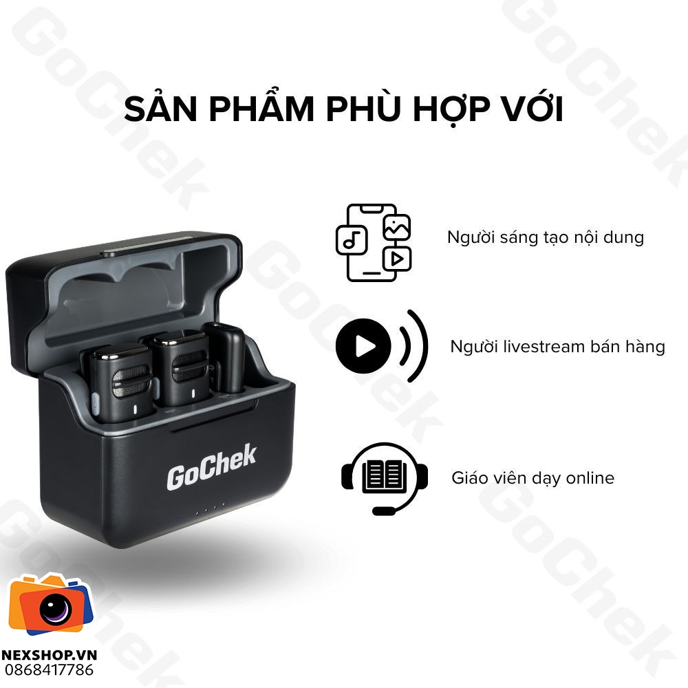 Micro thu âm không dây GoChek S23 | 2TX + 1RX + Hộp sạc | Lightni - mặt sau và phụ kiện đi kèm