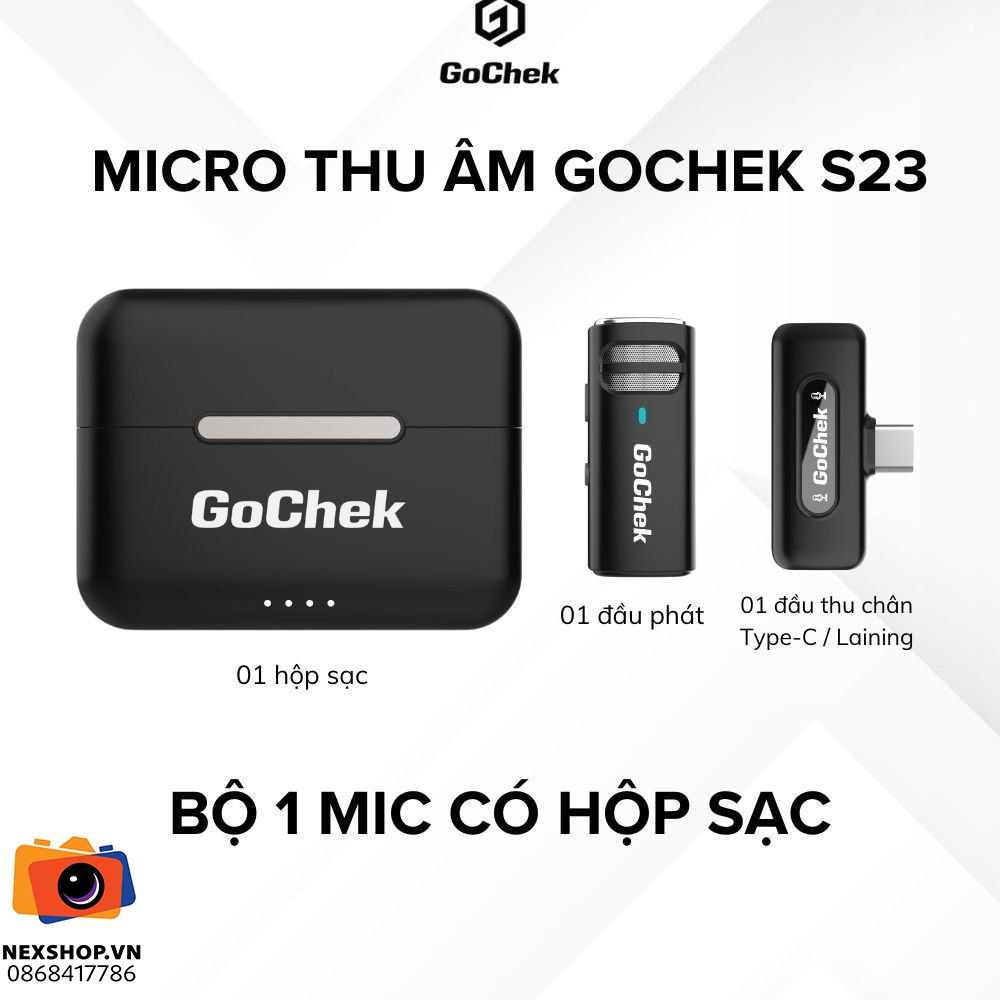 Micro thu âm không dây GoChek S23 | 1TX + 1RX + Hộp sạc | Type-C | Chính hãng