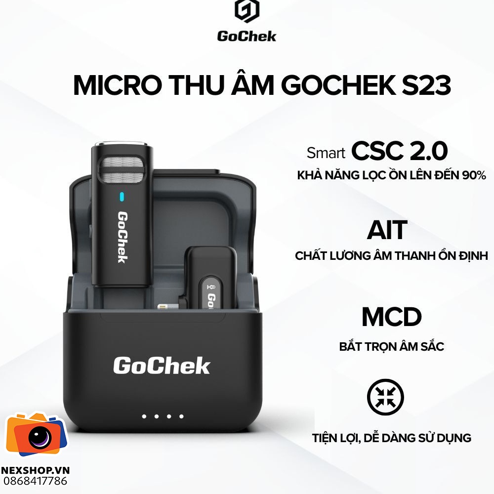 Micro thu âm không dây GoChek S23 | 1TX + 1RX + Hộp sạc | Lightning | Chính hãng