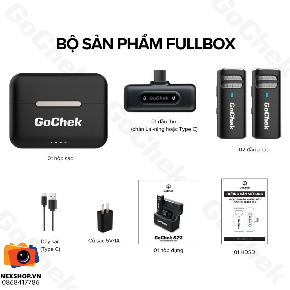 Micro thu âm không dây GoChek S23 | 2TX + 1RX + Hộp sạc | Lightning | Chính hãng