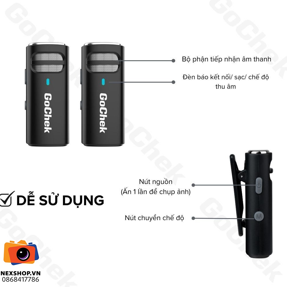 Micro thu âm không dây GoChek S23 | 2TX + 1RX + Hộp sạc | Lightning | Chính hãng