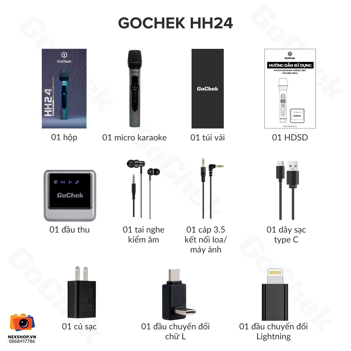 Micro thu âm không dây GoChek HH24 | 1TX + 1RX | Chính hãng - cấu hình hộp sạc