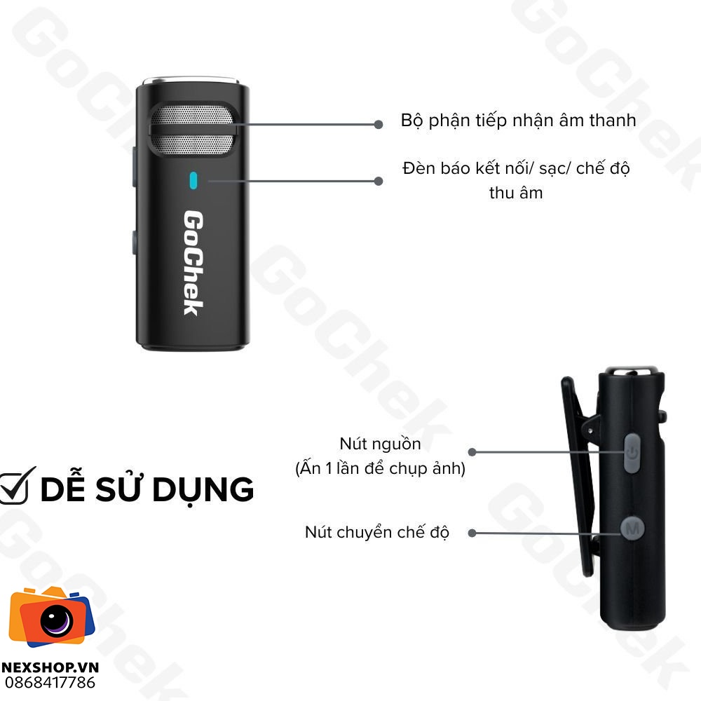 Micro thu âm không dây GoChek S23 | 1TX + 1RX + Hộp sạc | Type-C | Chính hãng