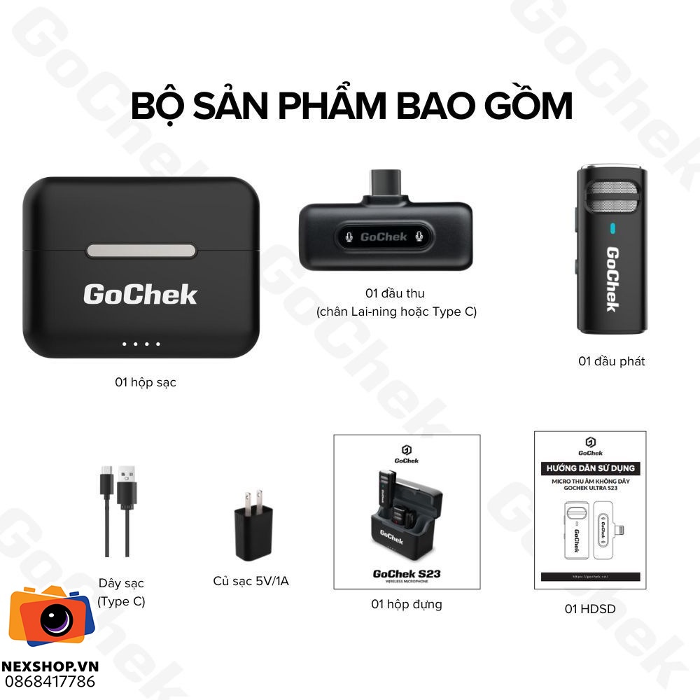 Micro thu âm không dây GoChek S23 | 1TX + 1RX + Hộp sạc | Type-C | Chính hãng