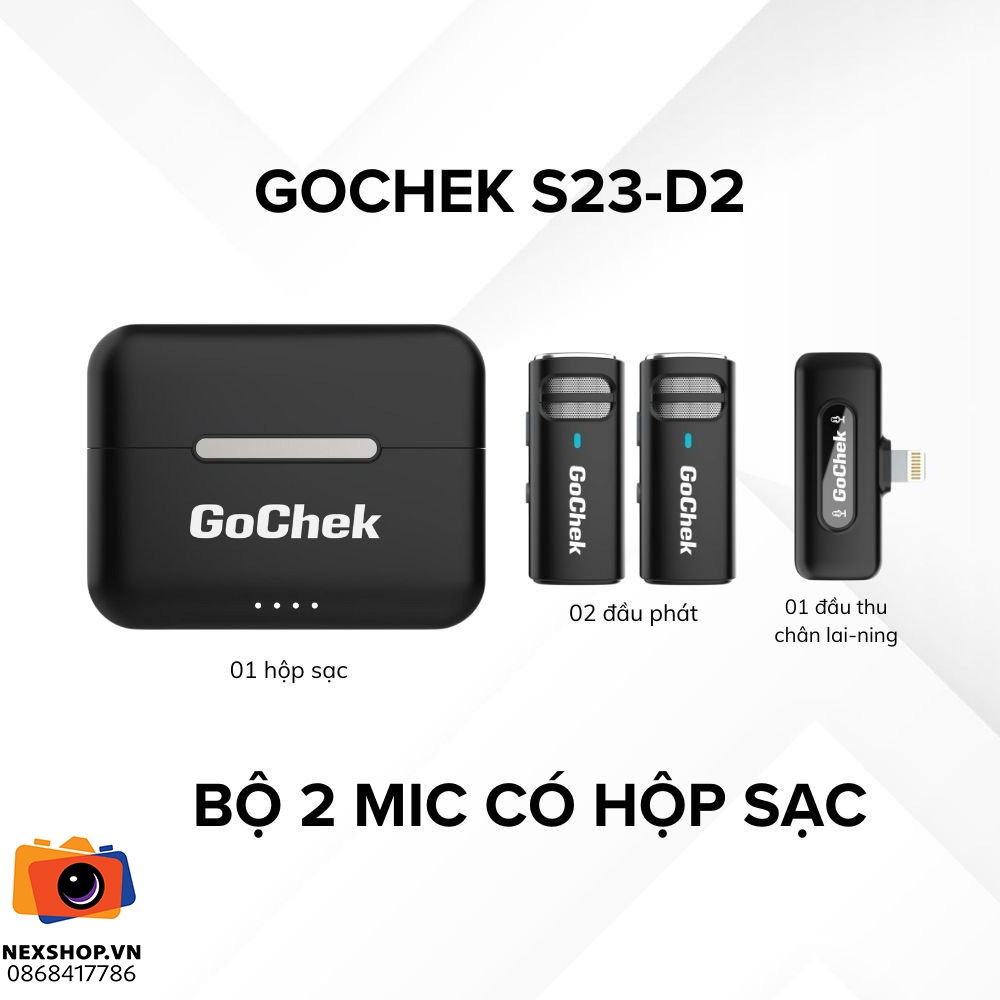 Micro thu âm không dây GoChek S23 | 2TX + 1RX + Hộp sạc | Lightni - khả năng kết nối thiết bị