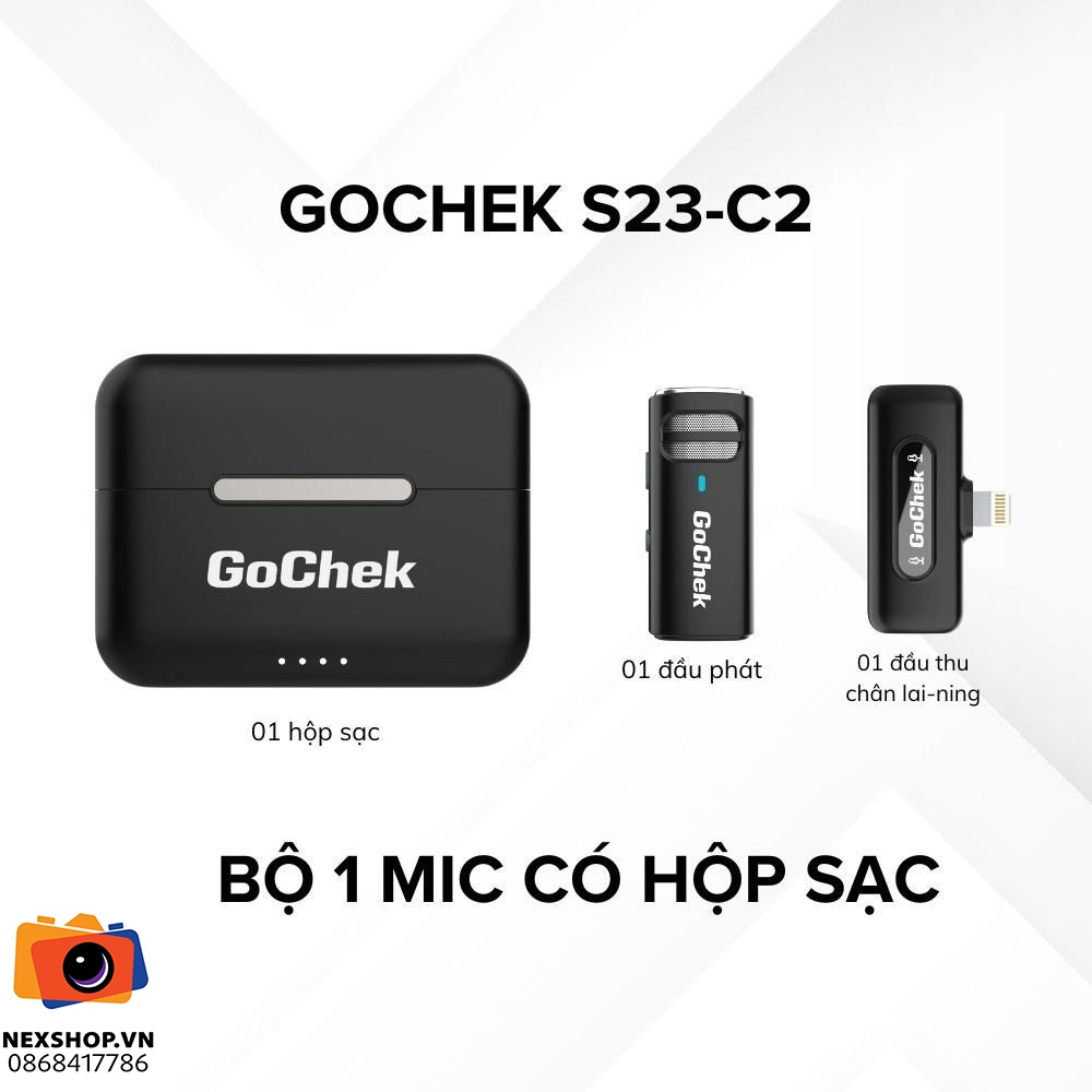 Micro thu âm không dây GoChek S23 | 1TX + 1RX + Hộp sạc | Lightning | Chính hãng