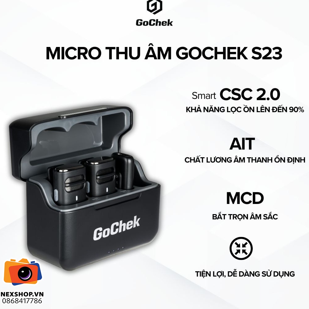 Micro thu âm không dây GoChek S23 | 2TX + 1RX + Hộp sạc | Lightning | Chính hãng