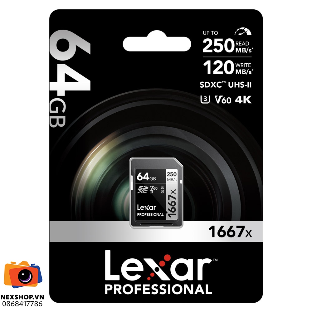 Thẻ nhớ Lexar 64GB Pro 1667X V60 SDXC UHS-II U3 250MB/s | Chính hãng