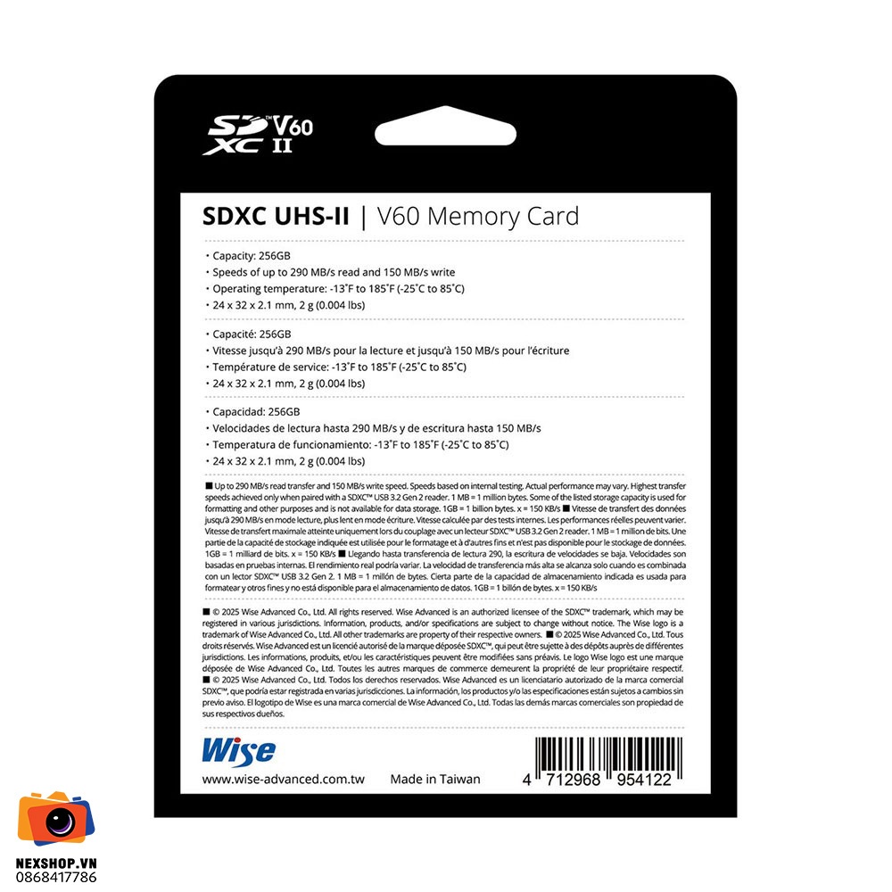 Thẻ nhớ Wise 256GB SDXC UHS-II V60 | Chính hãng