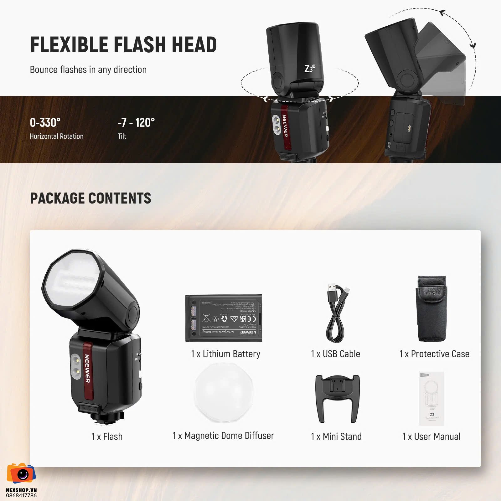 Đèn Flash Máy Ảnh Neewer Z3 100Ws For Sony | Chính Hãng - cấu hình hộp sạc
