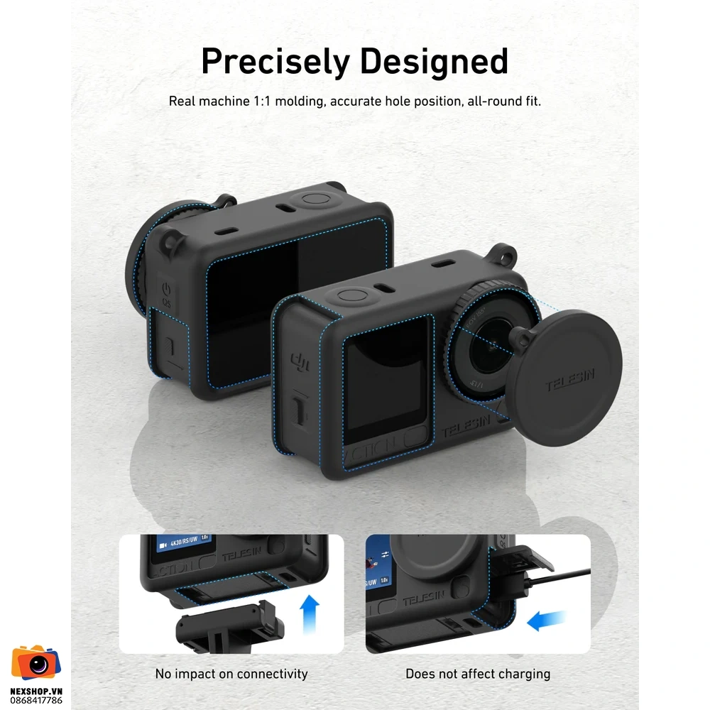 Ốp Silicon + Nắp Ống Kính TELESIN - Đen | Chính hãng cho DJI OSMO - cấu hình hộp sạc