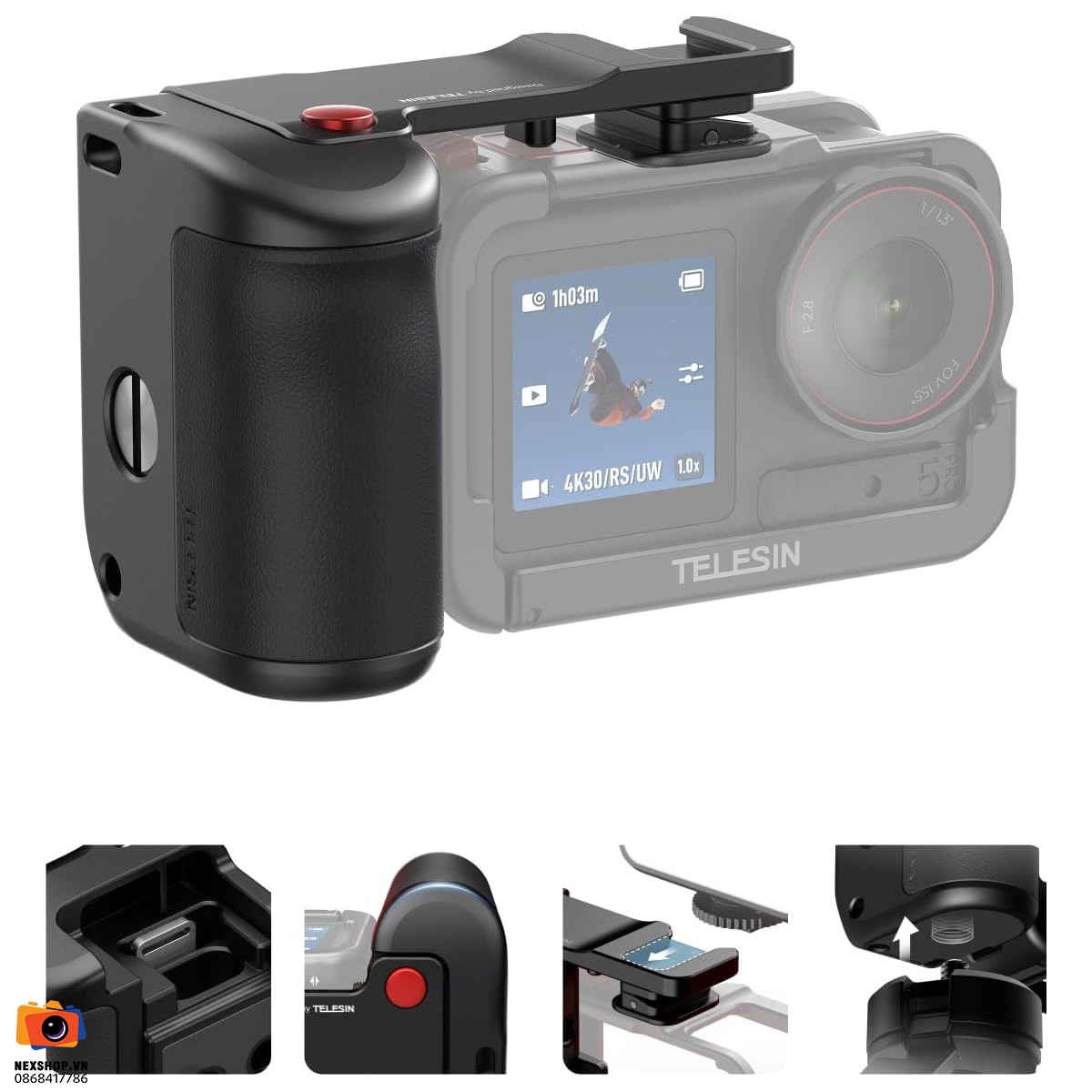 TELESIN Camera Grip Holder Set (với cage kim loại) cho DJI Osmo A - thiết kế và phụ kiện
