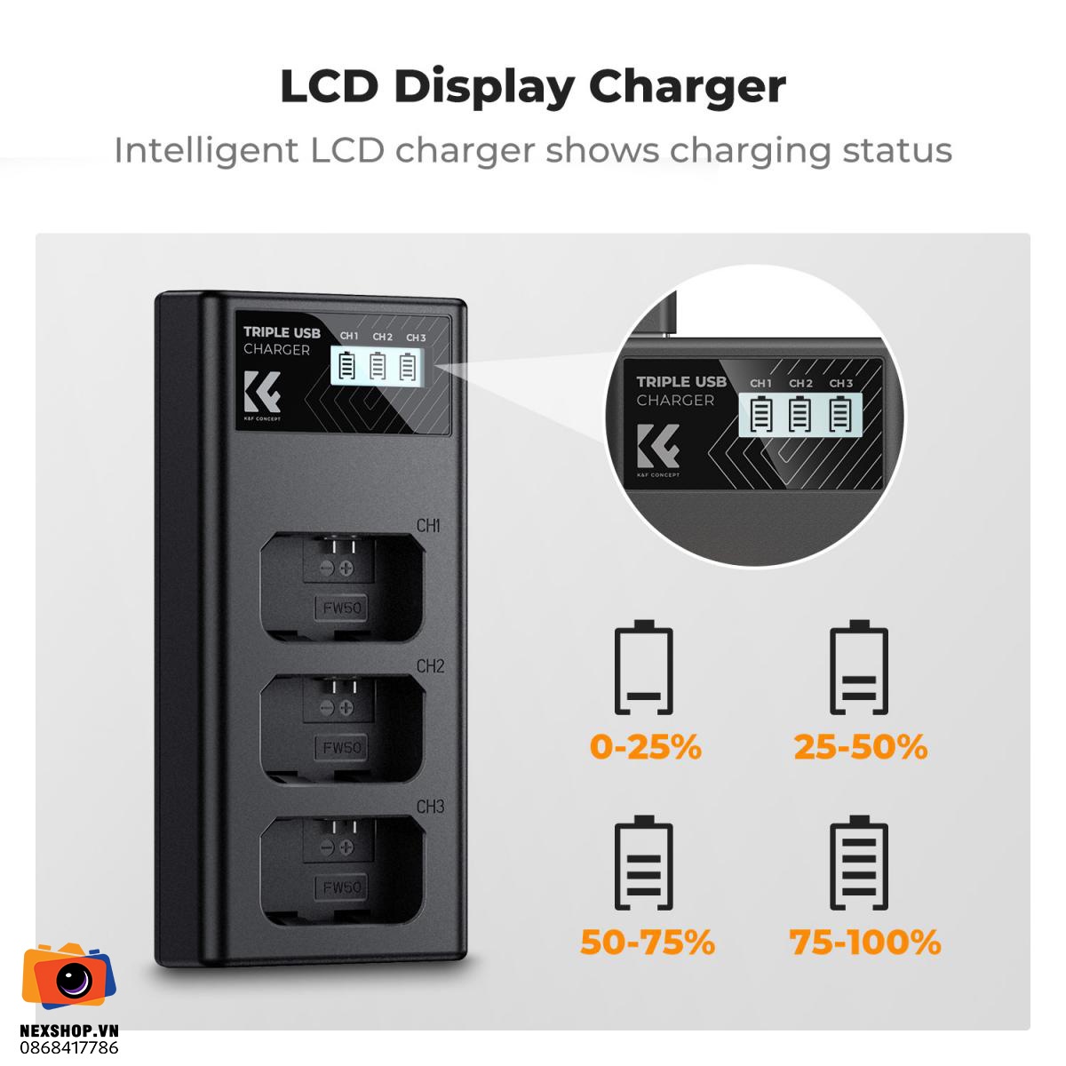 Cốc sạc 3 ngăn KNF Concept NP-FW50 Sony | Chính hãng - cấu hình hộp sạc