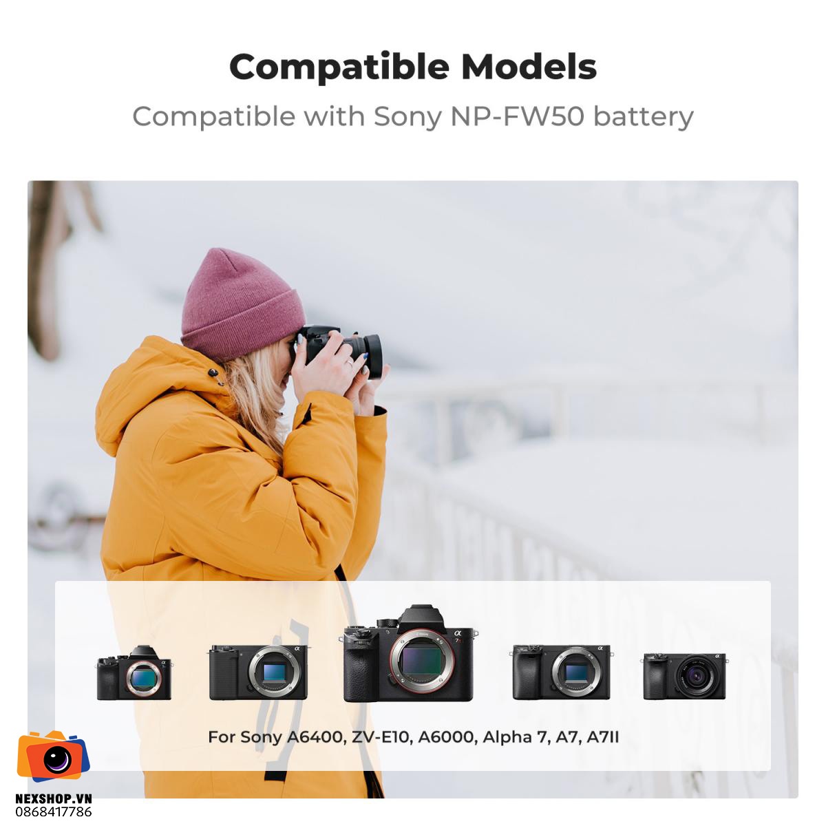 Cốc sạc 3 ngăn KNF Concept NP-FW50 Sony | Chính hãng - mặt sau và phụ kiện đi kèm
