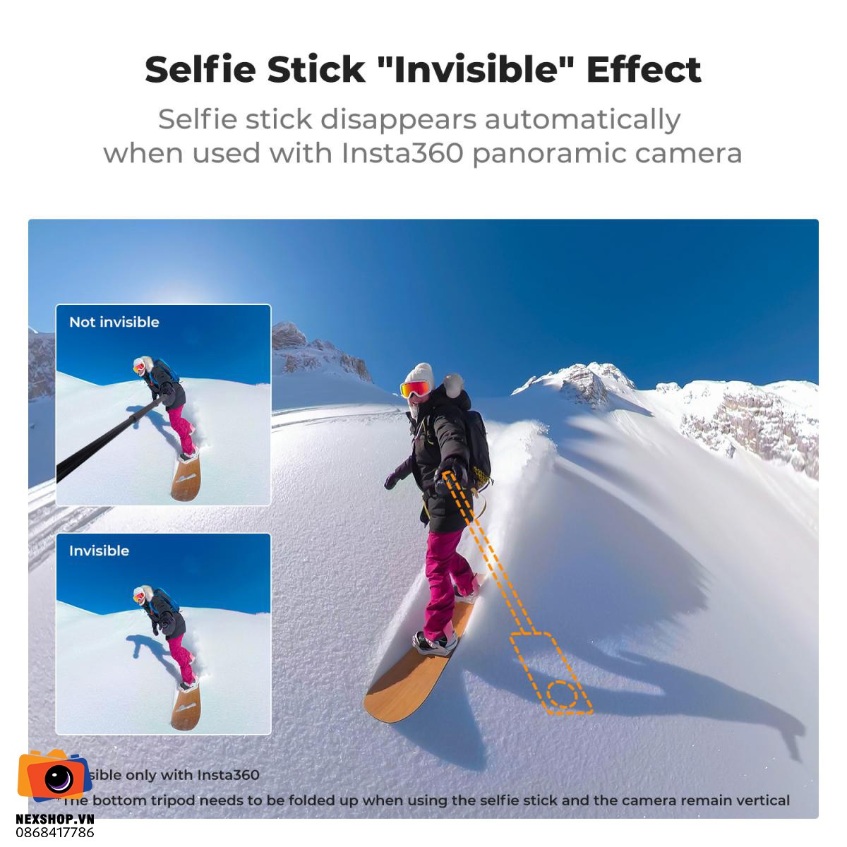 KNF Concept Invisible Selfie Stick 120cm | Chính hãng - mặt sau và phụ kiện đi kèm
