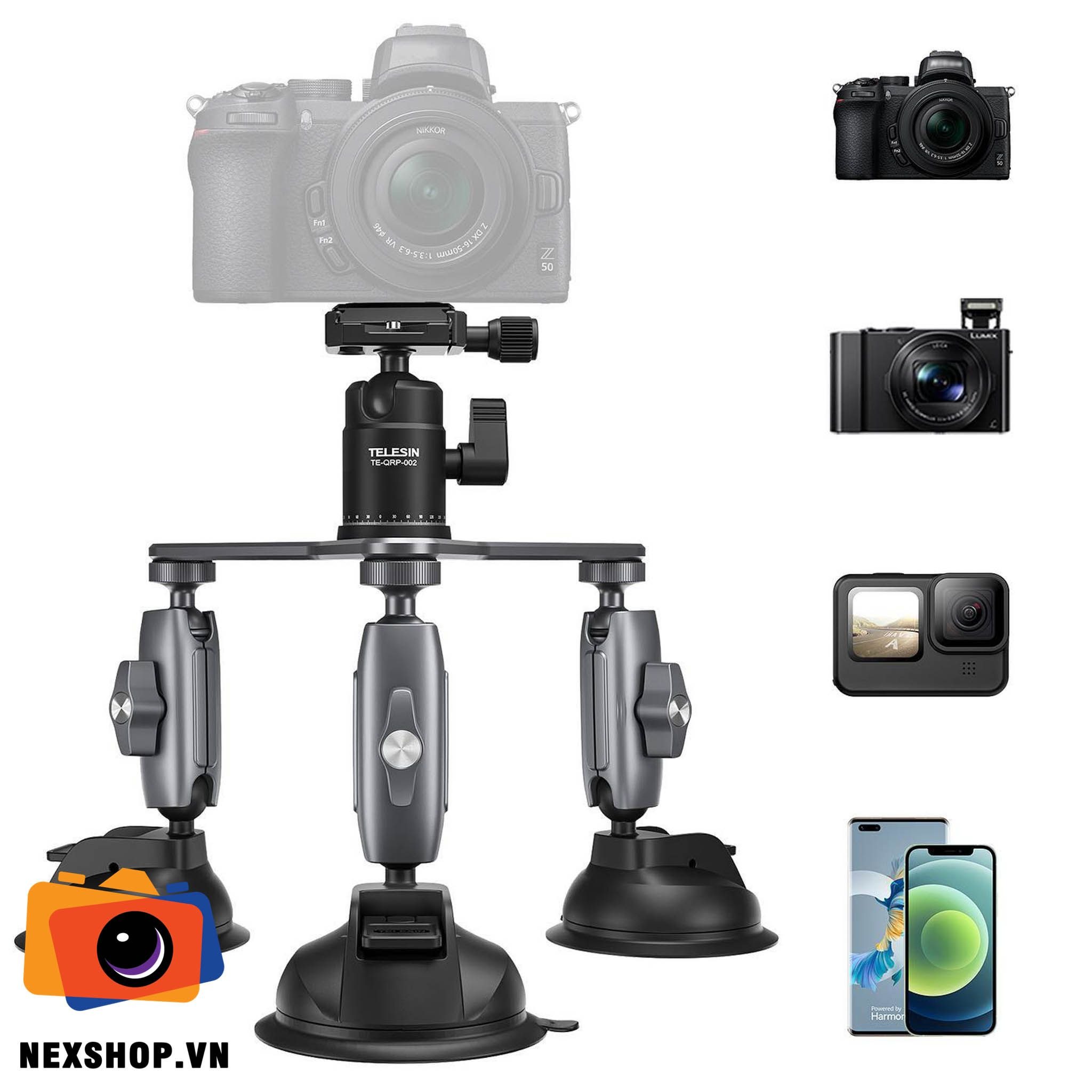 Bộ hút kính ô tô 3 chân kèm đầu ball head cho Gopro và máy ảnh | Chính hãng Telesin