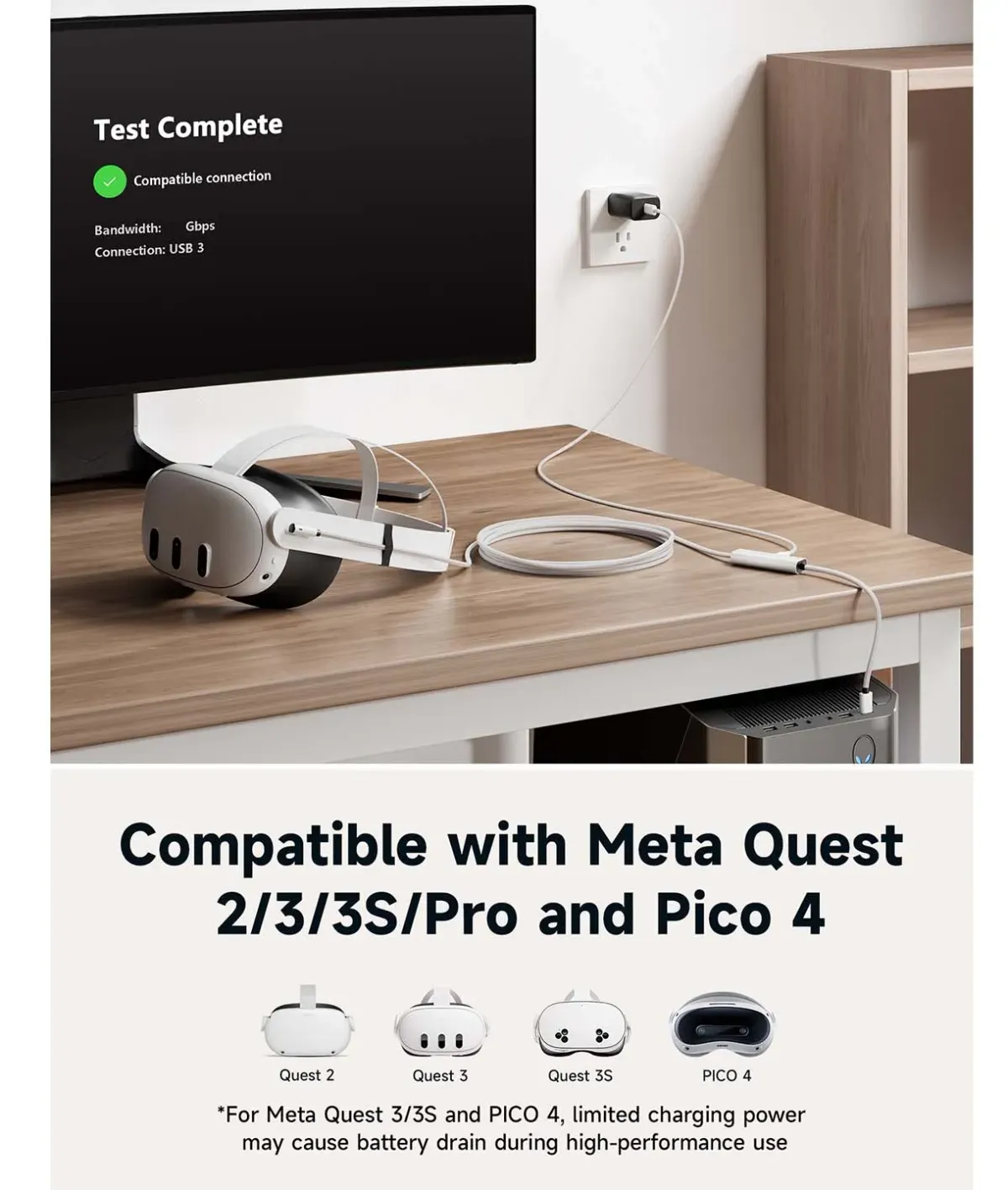 Cáp Link PCVR JSAUX META Link 2-in-1 | Sạc 10W | Chính hãng