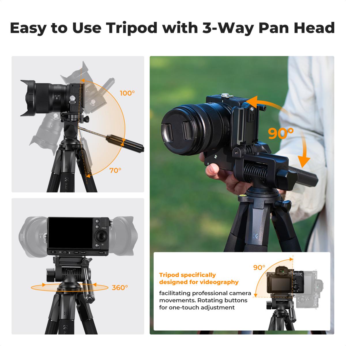 Chân máy quay K&F Concept S254A3 kèm củ Video Head BV07 (quay góc ngang 90° Flat-lay) | Chính Hãng | Fullvat