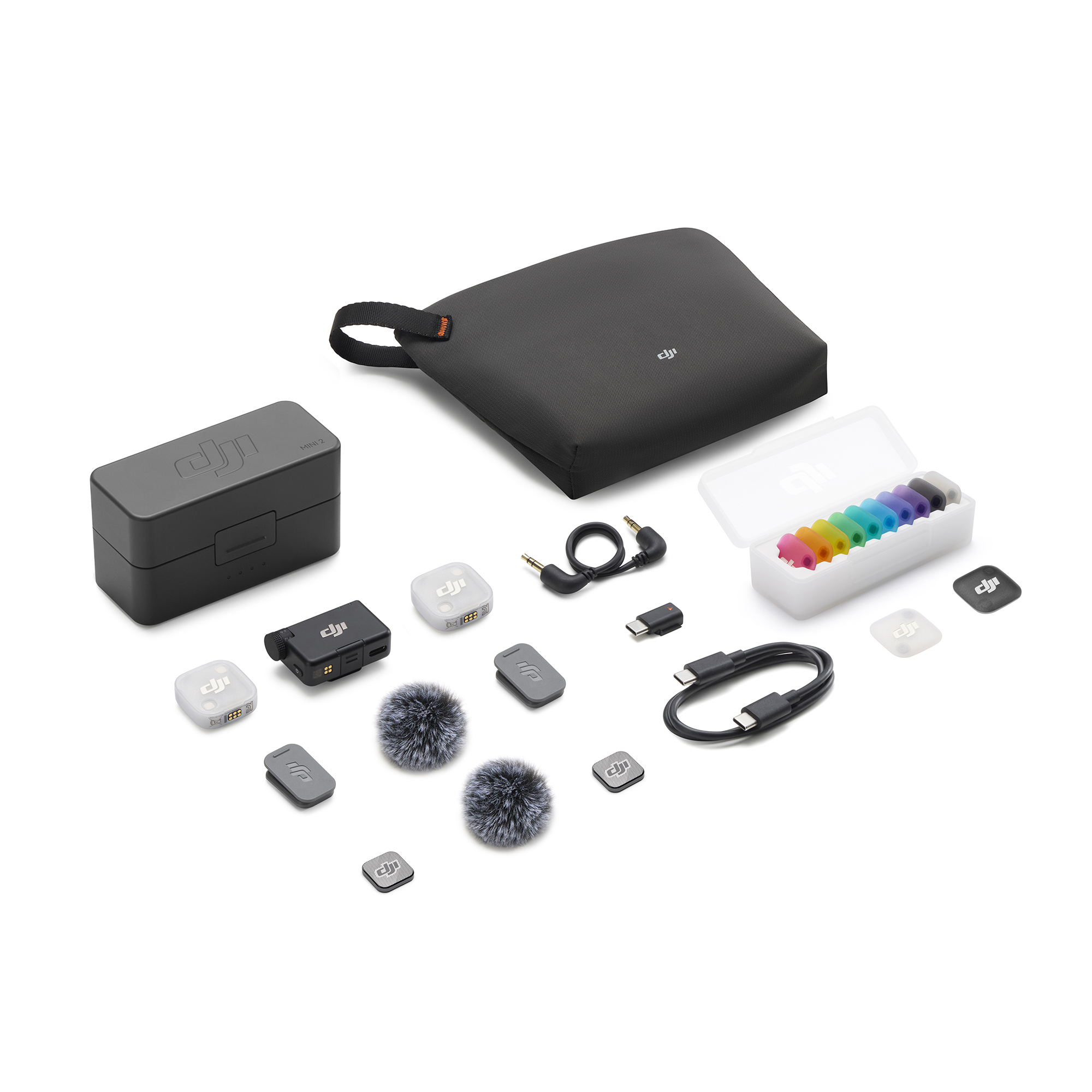 Bộ DJI Mic Mini 2 đầy đủ: hộp sạc, 2 transmitter, receiver, bộ nắp 8 màu và phụ kiện