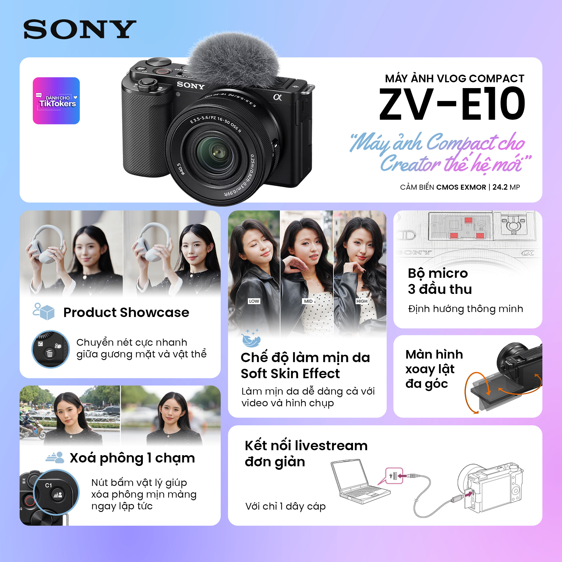 Máy ảnh không gương lật Sony ZV-E10 Body | Đen | Chính hãng | SonyVN | Bảo hành 2 năm