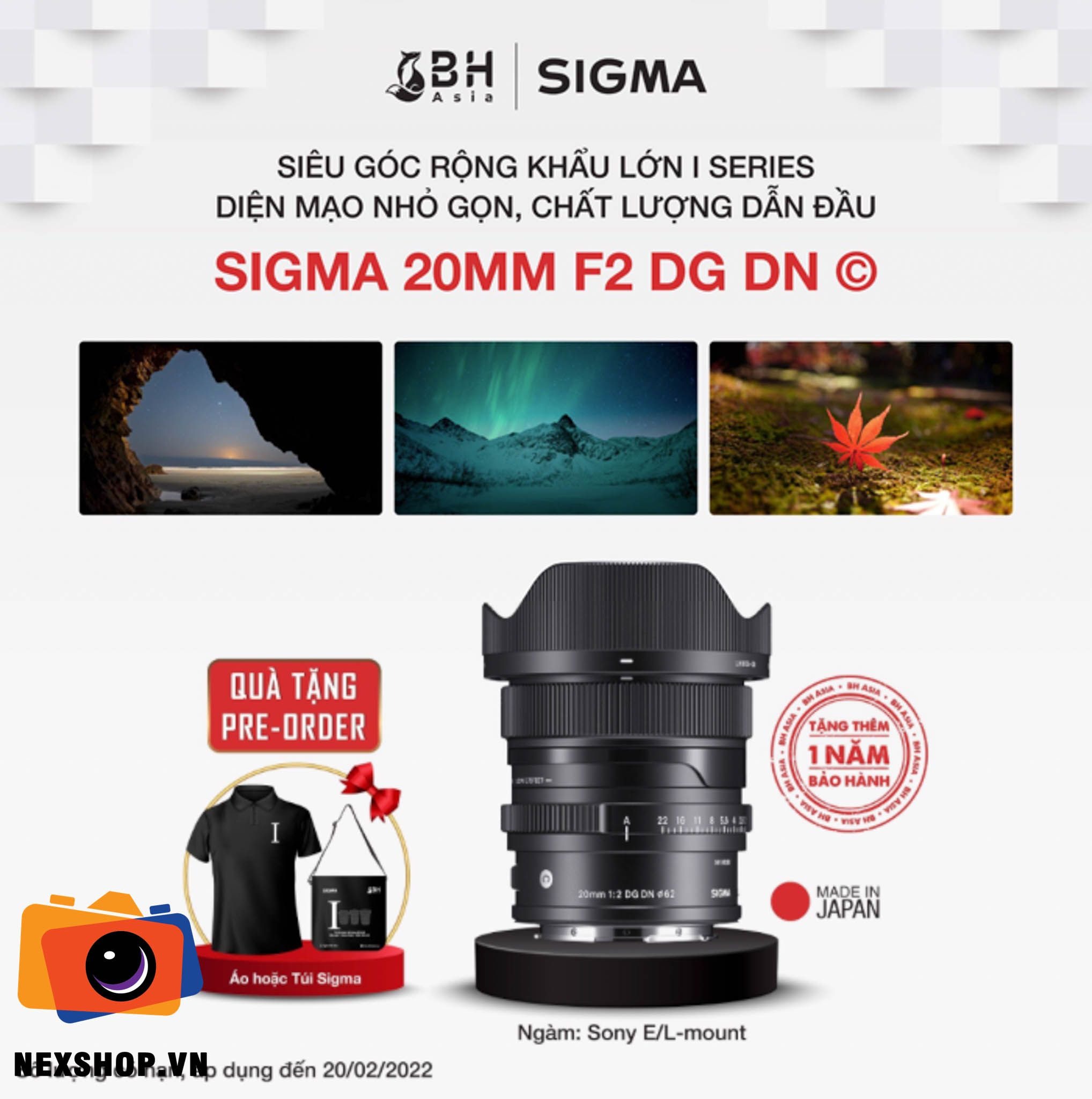 ỐNG KÍNH SIGMA 20MM F2 DG DN (C) | Ngàm FE | Chính hãng