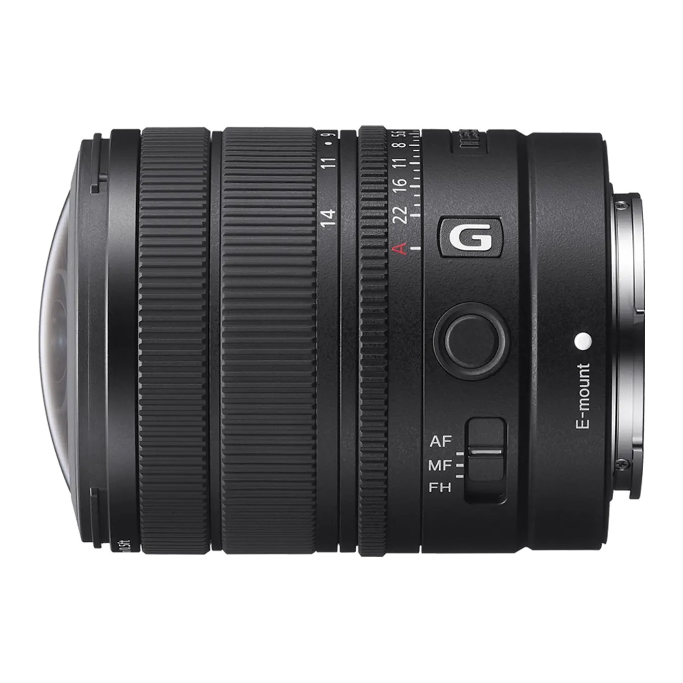 Cạnh hông ống kính Sony FE 8-14mm f/3.5 Fisheye G với nút gạt AF/MF/FH và Focus Hold