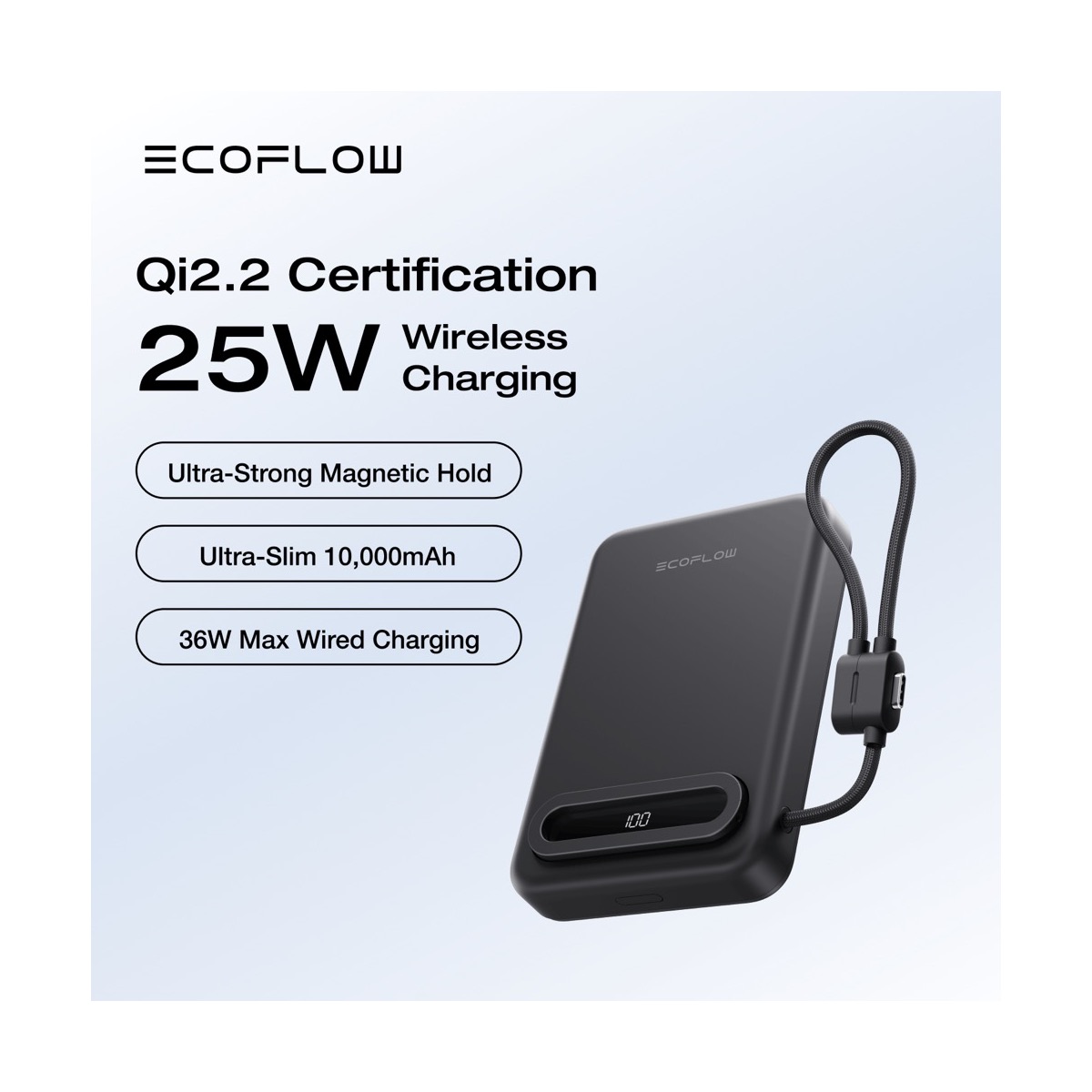 Pin sạc dự phòng không dây EcoFlow RAPID Mag Qi2.2 (10.000mAh / 25W) | Cáp USB-C rút | Chính hãng