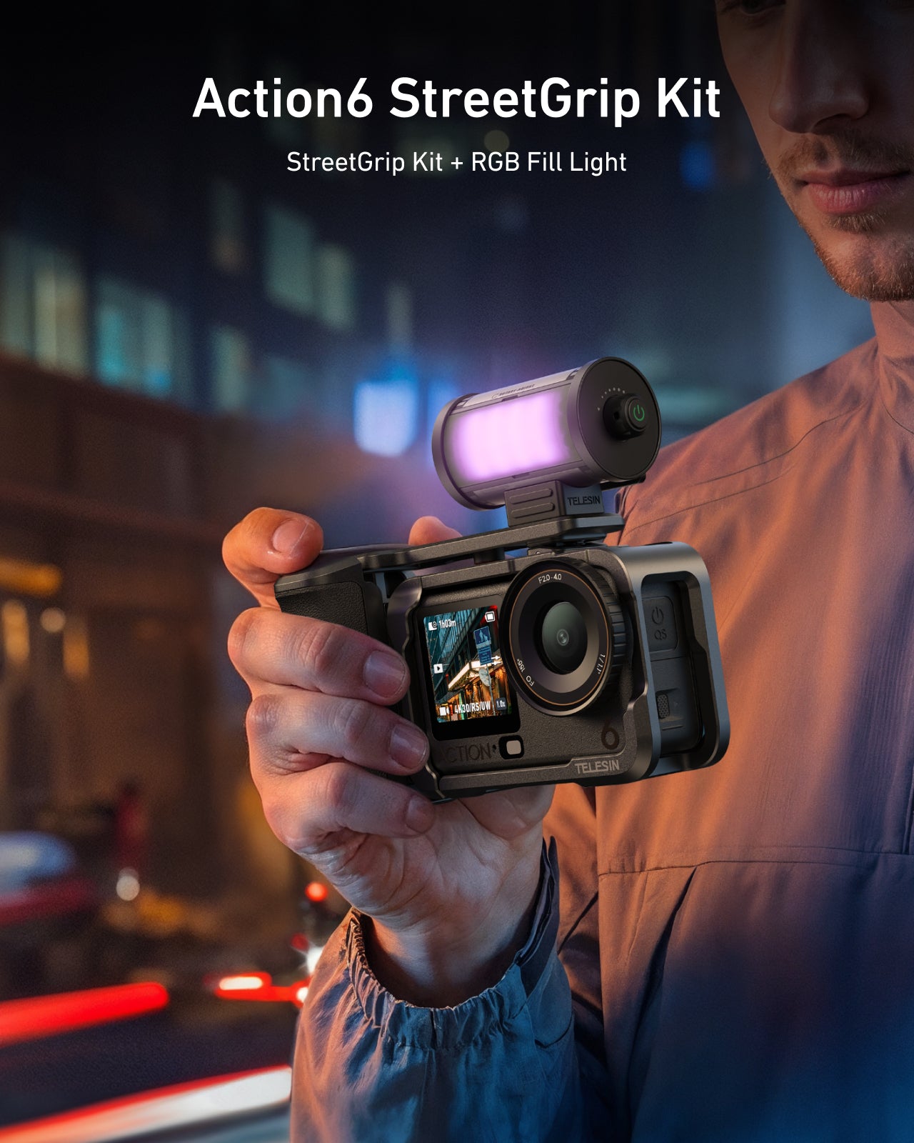 Telesin Bộ Tay Cầm StreetGrip Kèm Đèn RGB Cho DJI Action 6 | S5-BGD-16 + S6-FMS-36-TDJ | Chính hãng | FullVAT