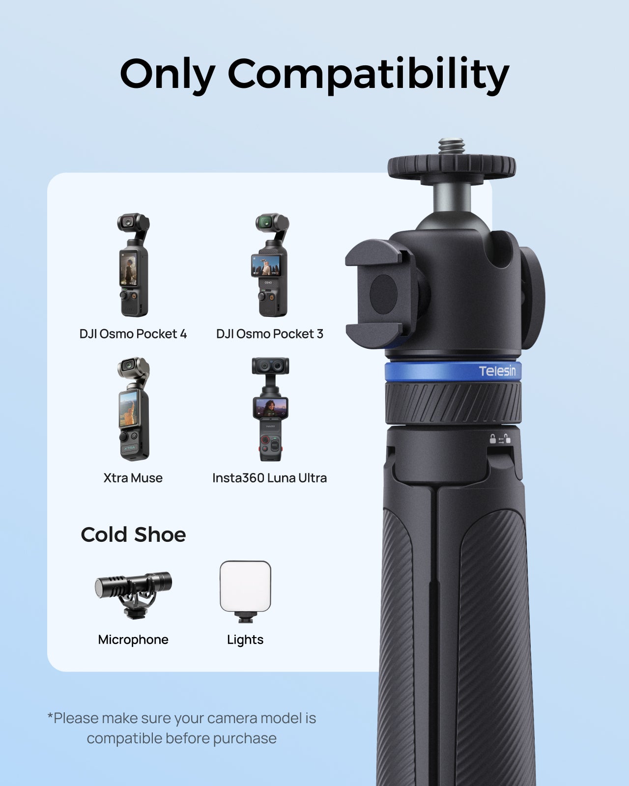 Telesin Chân Máy Tripod Tháo Lắp Nhanh 65cm Kèm Ren Ốc 1/4