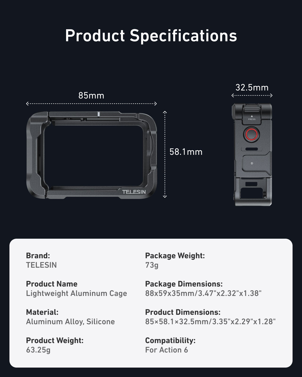 Telesin Khung Kim Loại Bảo Vệ Rabbit Cage Cho DJI Action 6 | S6-FMS-35-TDJ | Chính hãng | FullVAT